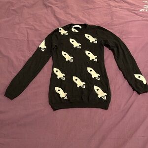 Skin and Threads Merino Wool Black Rocket Pattern Knit Sweater sz 1